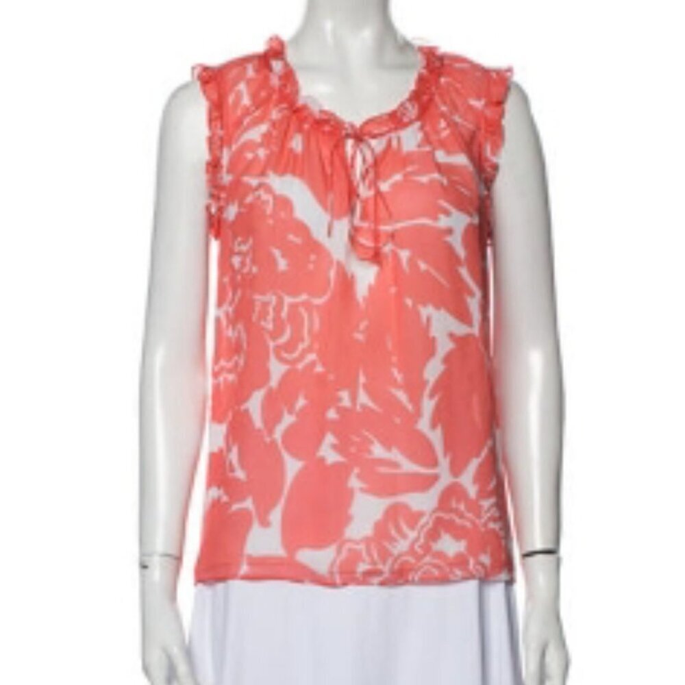 DVF orange & white silk V-Neck sleeveless top women's size 4 (282)